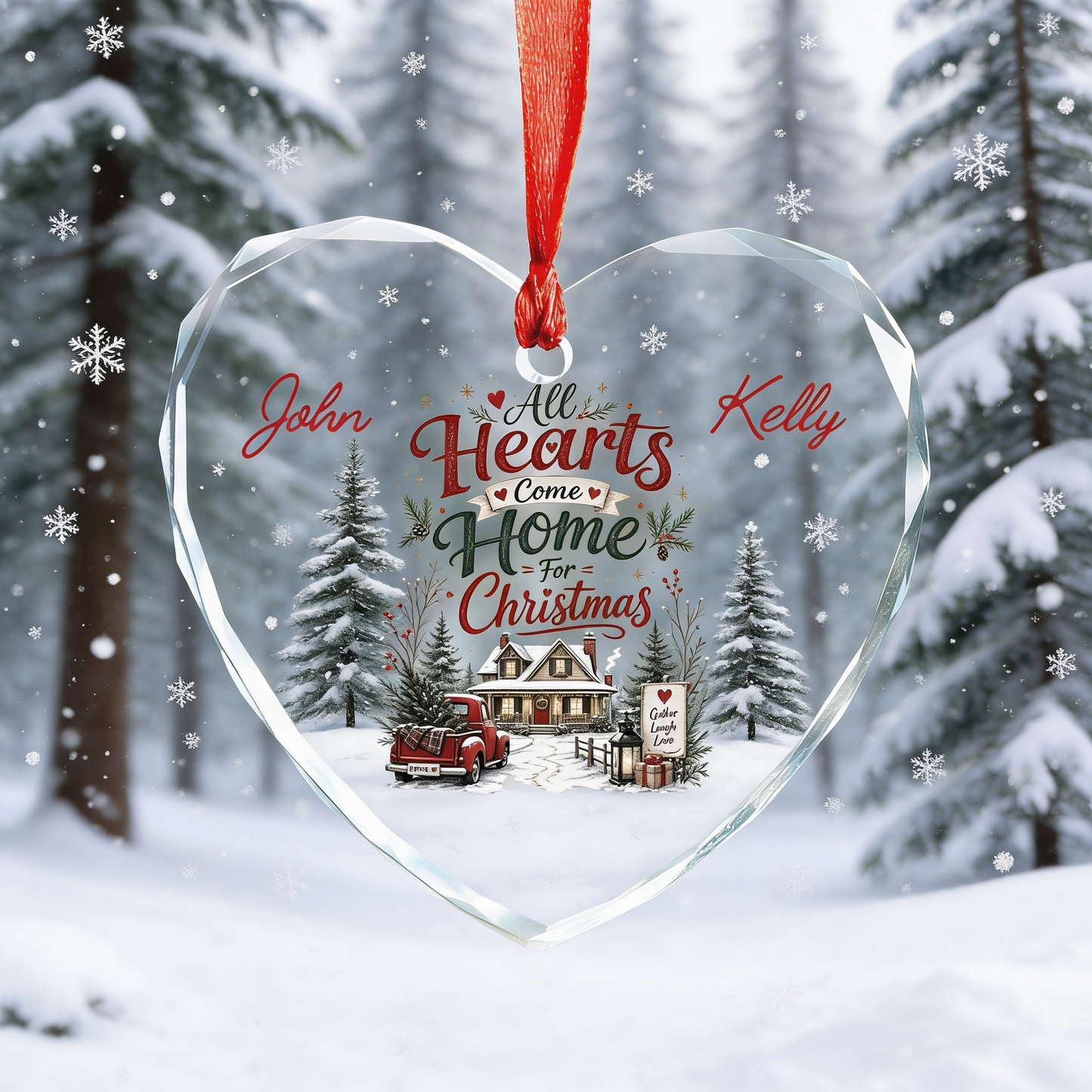 Personalized All Hearts Come Home for Christmas Glass Ornament with Custom Name