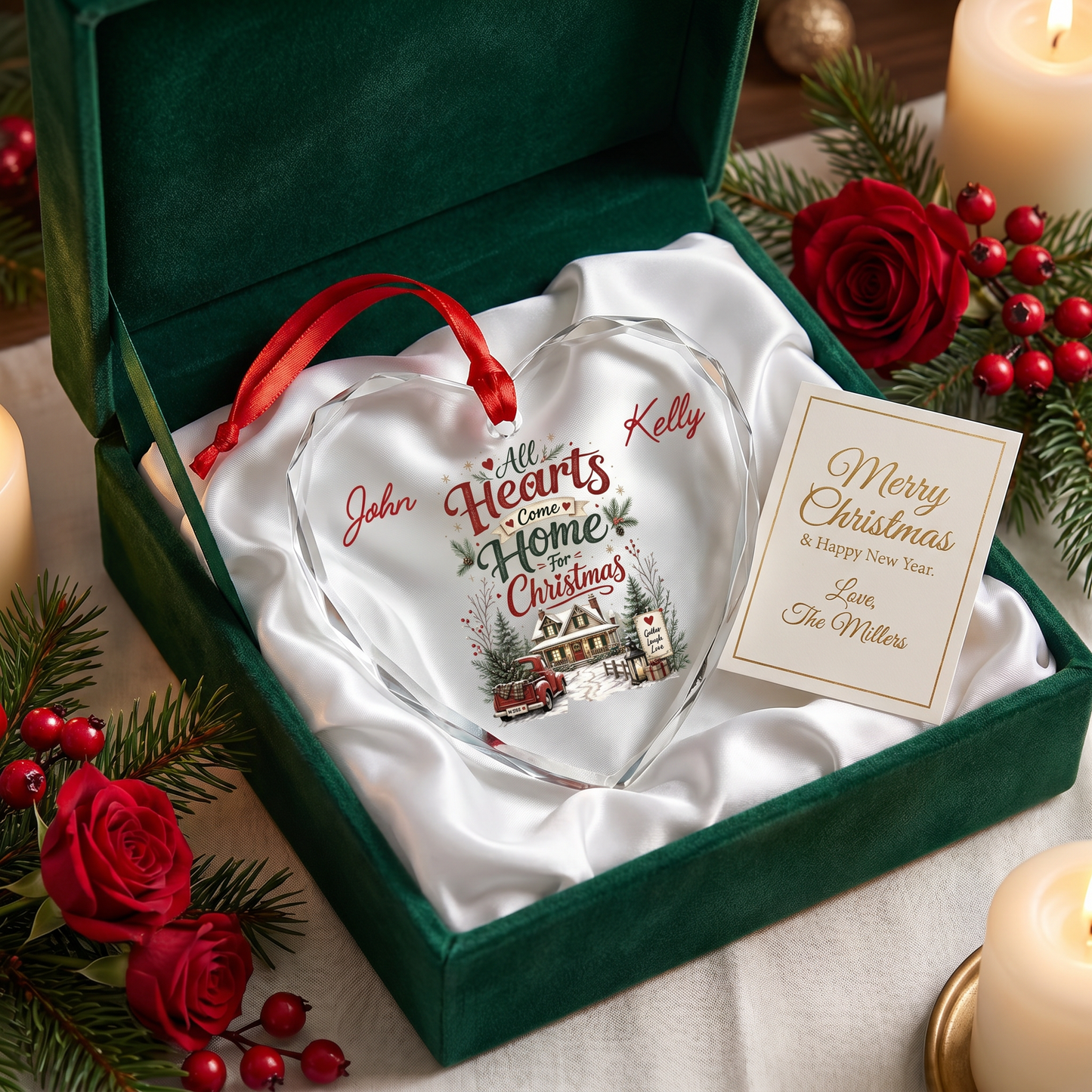 Personalized All Hearts Come Home for Christmas Glass Ornament with Custom Name