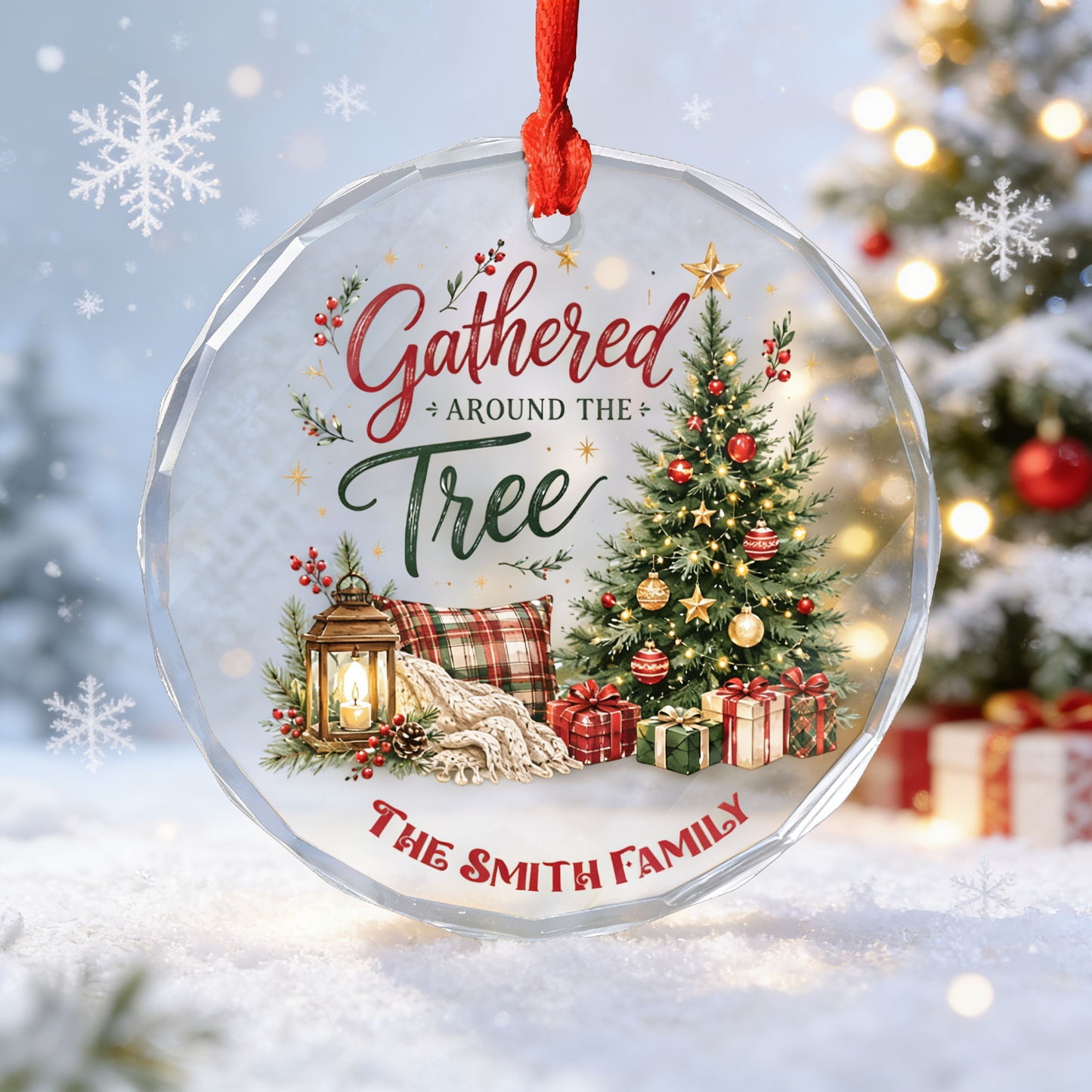 Personalized Gathered Around the Tree Glass Ornament with Custom Name