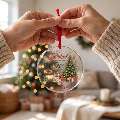 Personalized Gathered Around the Tree Glass Ornament with Custom Name