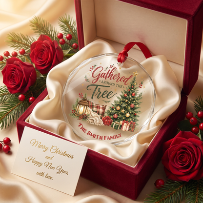 Personalized Gathered Around the Tree Glass Ornament with Custom Name
