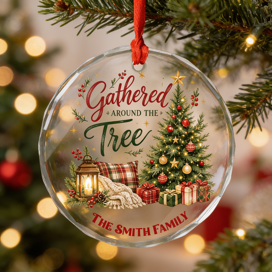 Personalized Gathered Around the Tree Glass Ornament with Custom Name