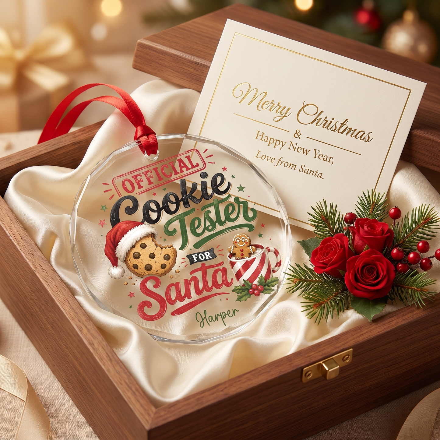 Personalized Official Cookie Tester for Santa Glass Ornament with Custom Name