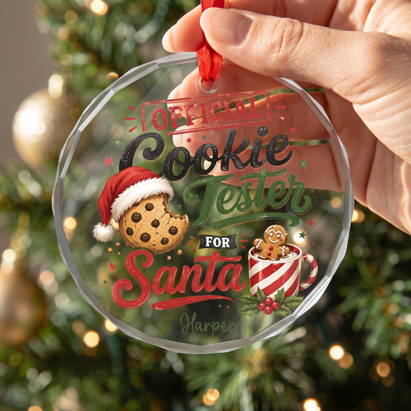 Personalized Official Cookie Tester for Santa Glass Ornament with Custom Name