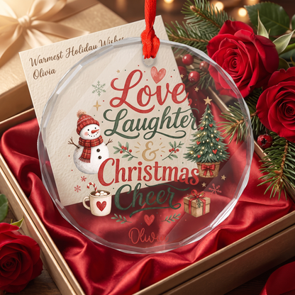 Personalized Love, Laughter and Christmas Cheer Glass Ornament, Custom Name Family Christmas Gift
