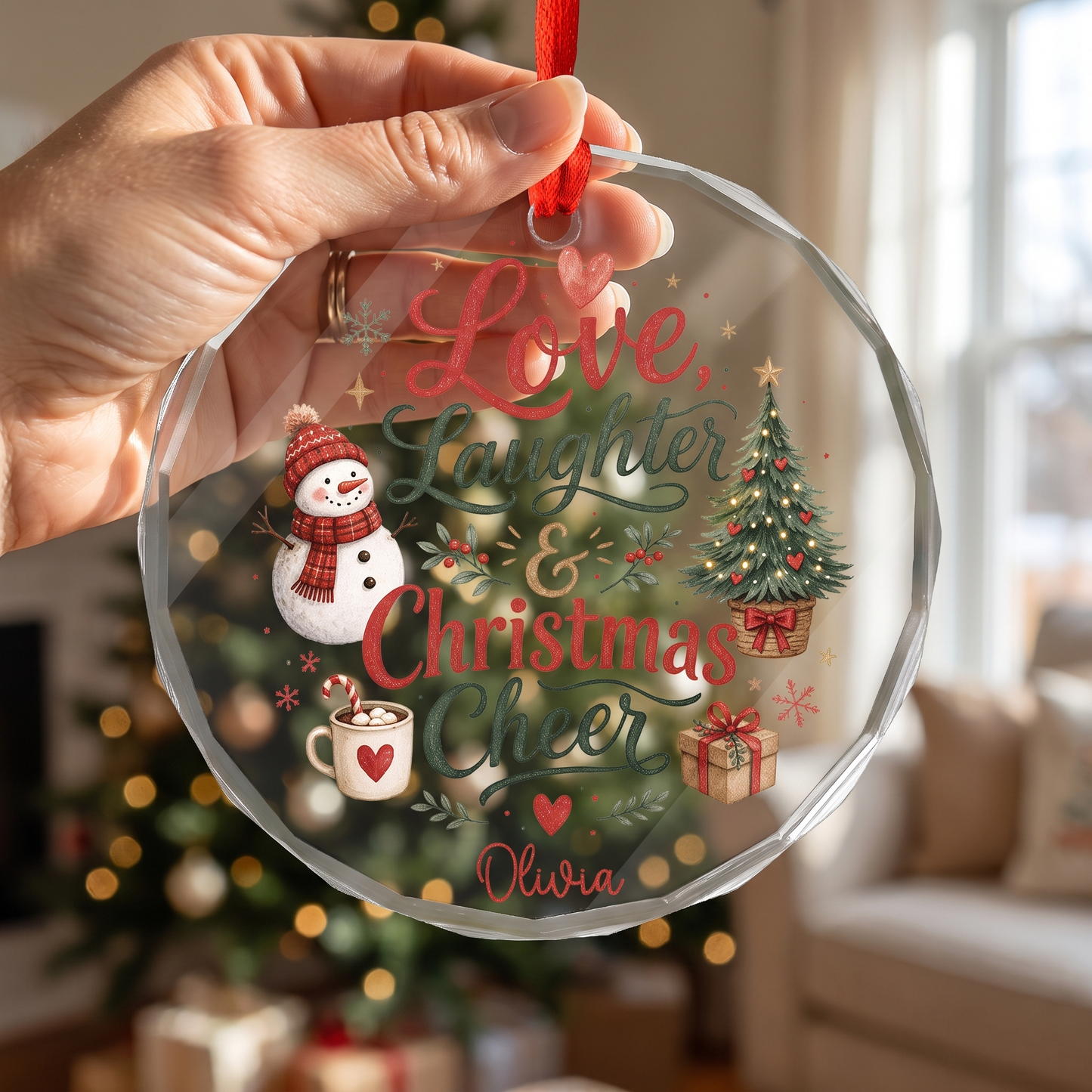 Personalized Love, Laughter and Christmas Cheer Glass Ornament, Custom Name Family Christmas Gift