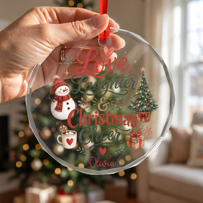 Personalized Love, Laughter and Christmas Cheer Glass Ornament, Custom Name Family Christmas Gift
