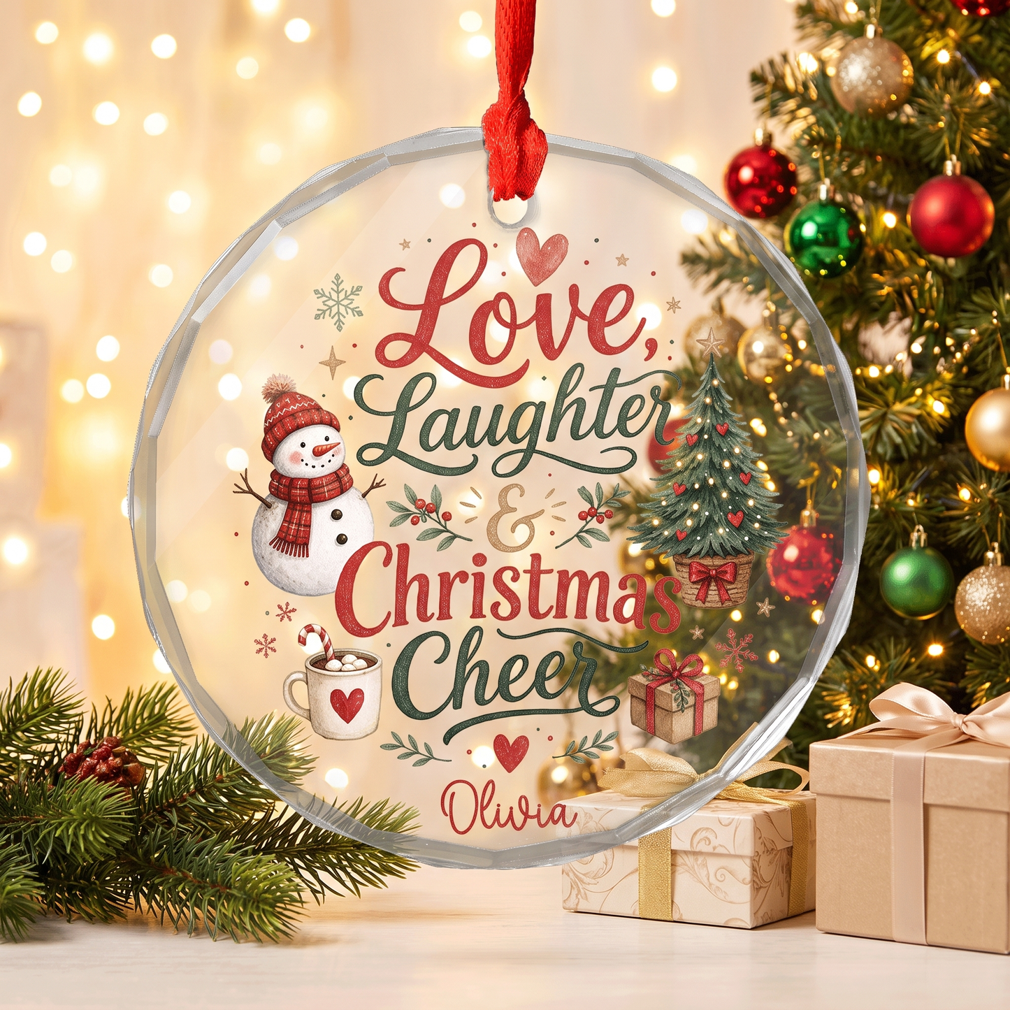 Personalized Love, Laughter and Christmas Cheer Glass Ornament, Custom Name Family Christmas Gift