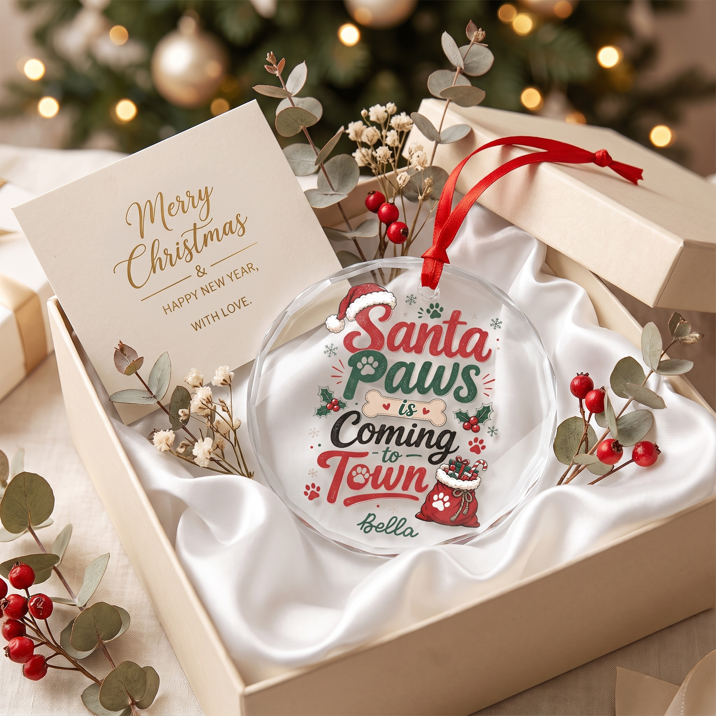 Personalized Santa Paws Is Coming to Town Glass Ornament, Custom Pet Name Christmas Gift