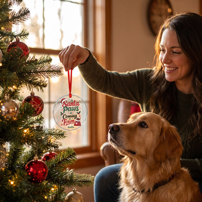 Personalized Santa Paws Is Coming to Town Glass Ornament, Custom Pet Name Christmas Gift
