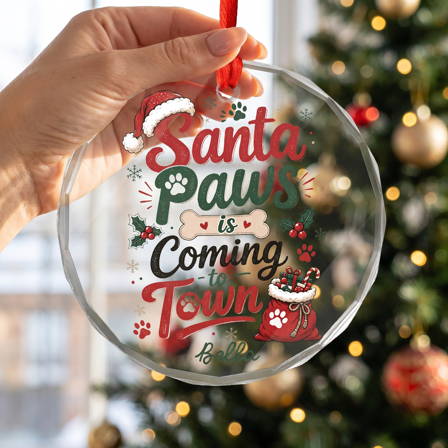 Personalized Santa Paws Is Coming to Town Glass Ornament, Custom Pet Name Christmas Gift
