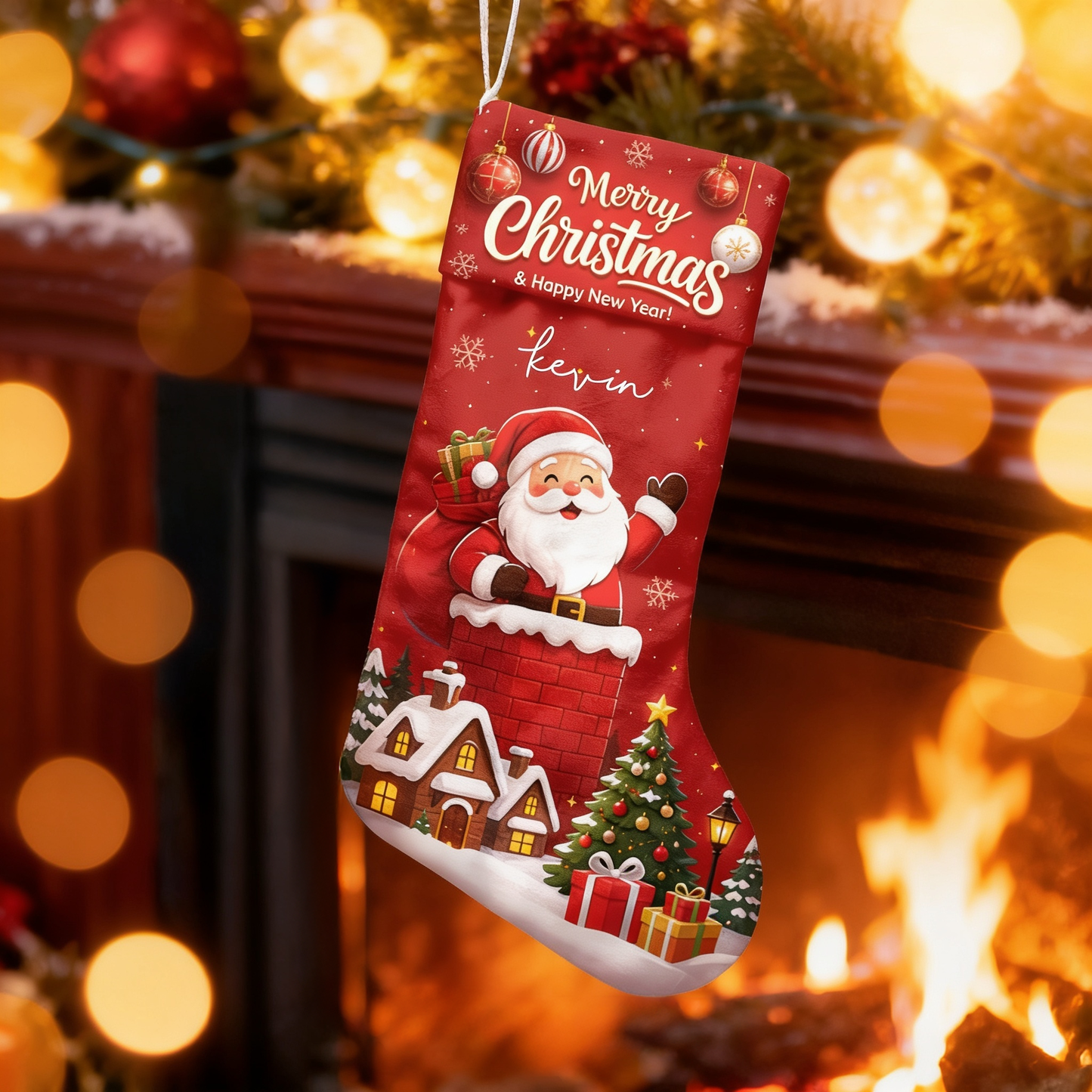 Personalized Merry Christmas Santa Claus Christmas Stocking with Custom Name