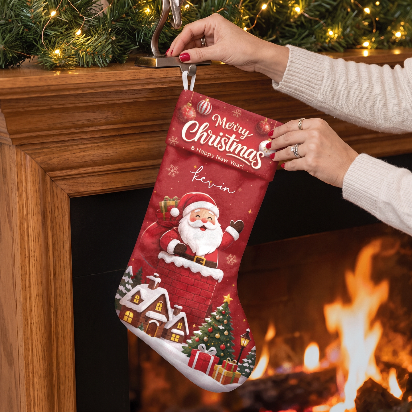 Personalized Merry Christmas Santa Claus Christmas Stocking with Custom Name