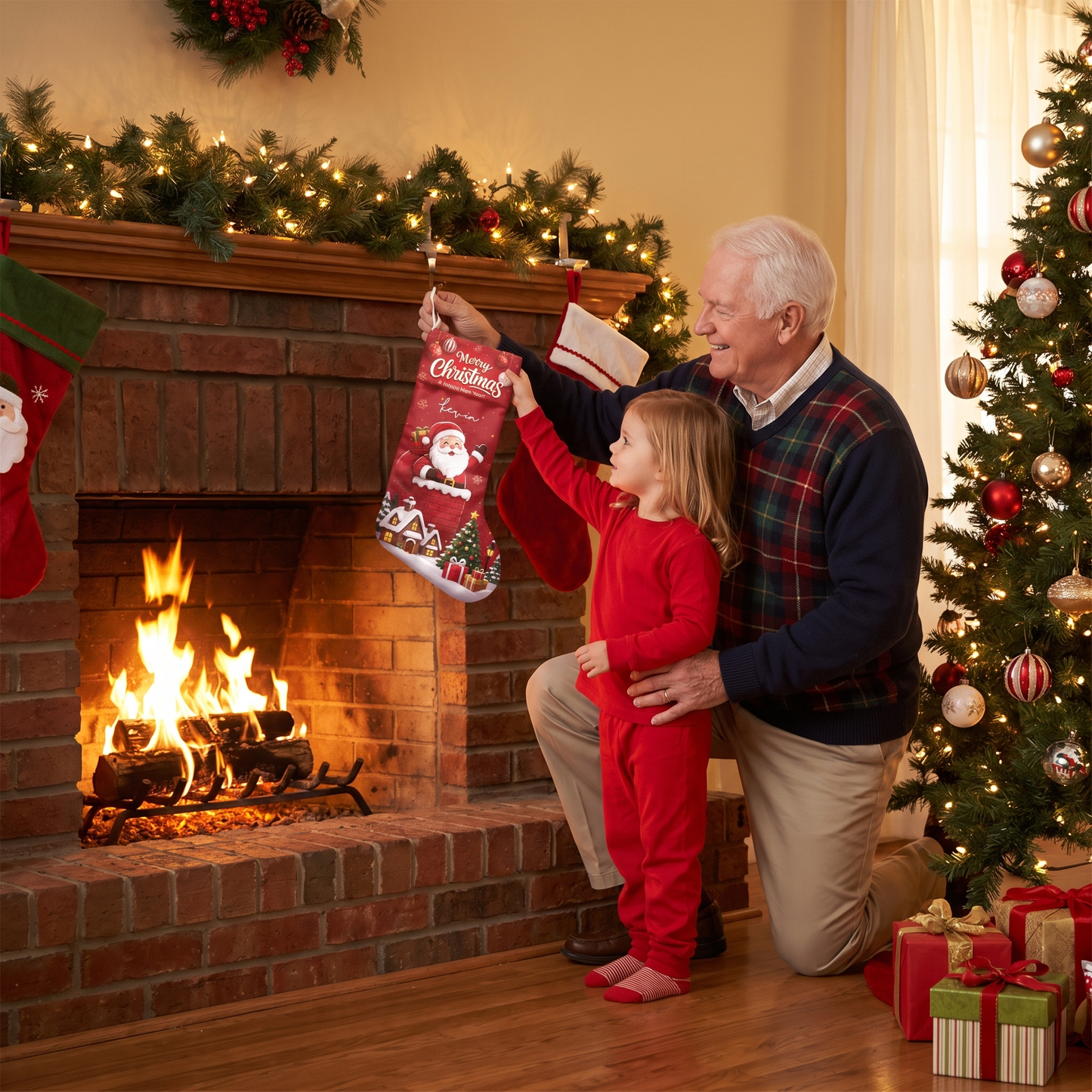 Personalized Merry Christmas Santa Claus Christmas Stocking with Custom Name