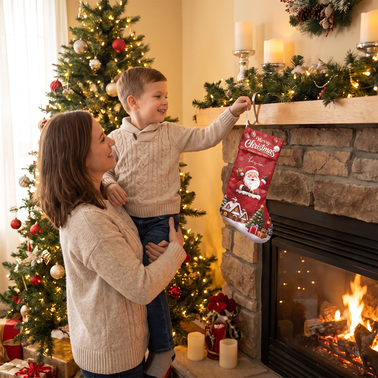Personalized Merry Christmas Santa Claus Christmas Stocking with Custom Name