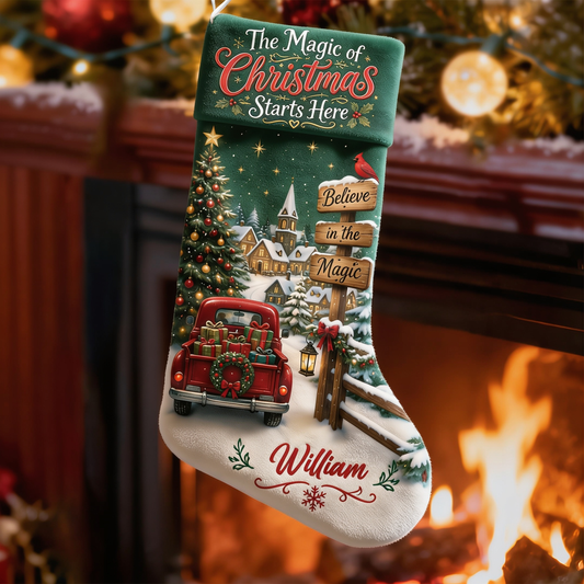 Personalized The Magic of Christmas Starts Here Christmas Stocking with Custom Name