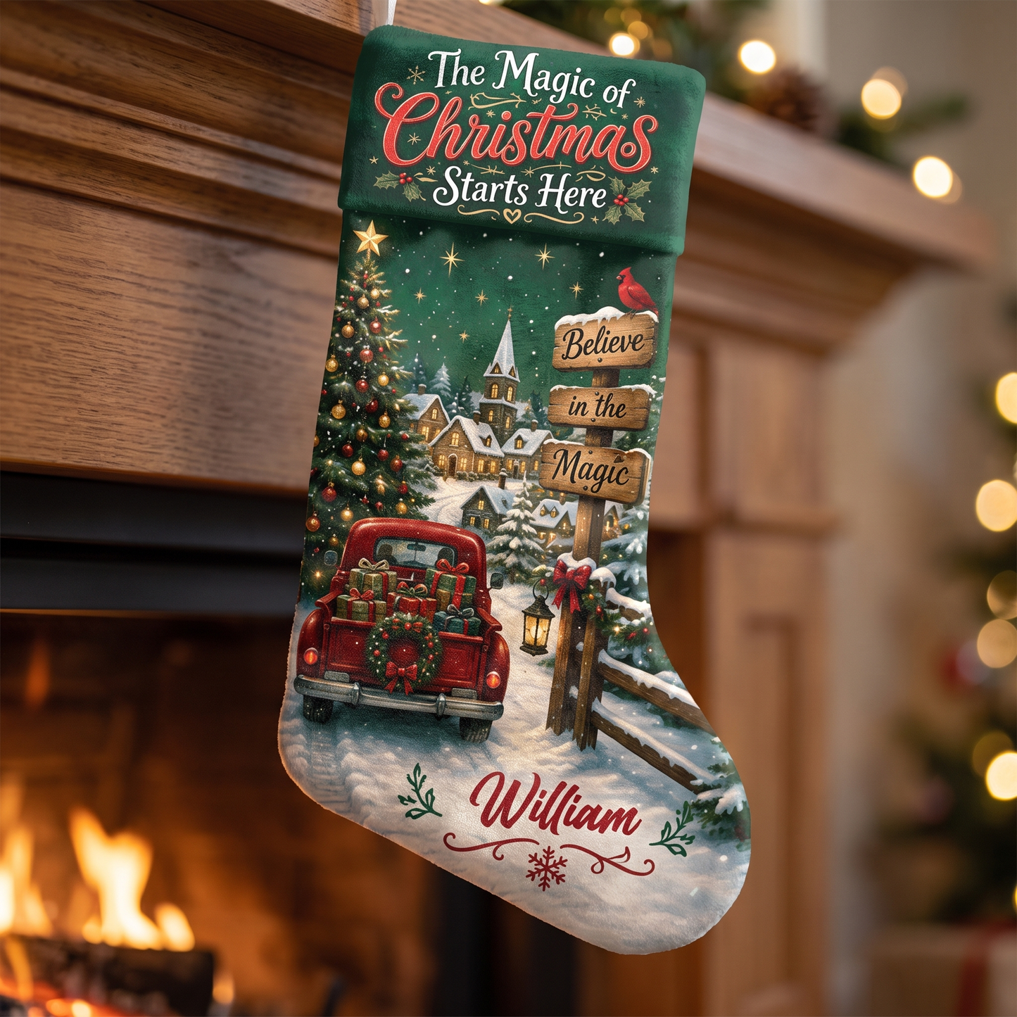 Personalized The Magic of Christmas Starts Here Christmas Stocking with Custom Name