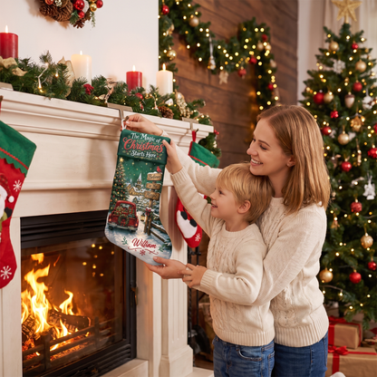 Personalized The Magic of Christmas Starts Here Christmas Stocking with Custom Name