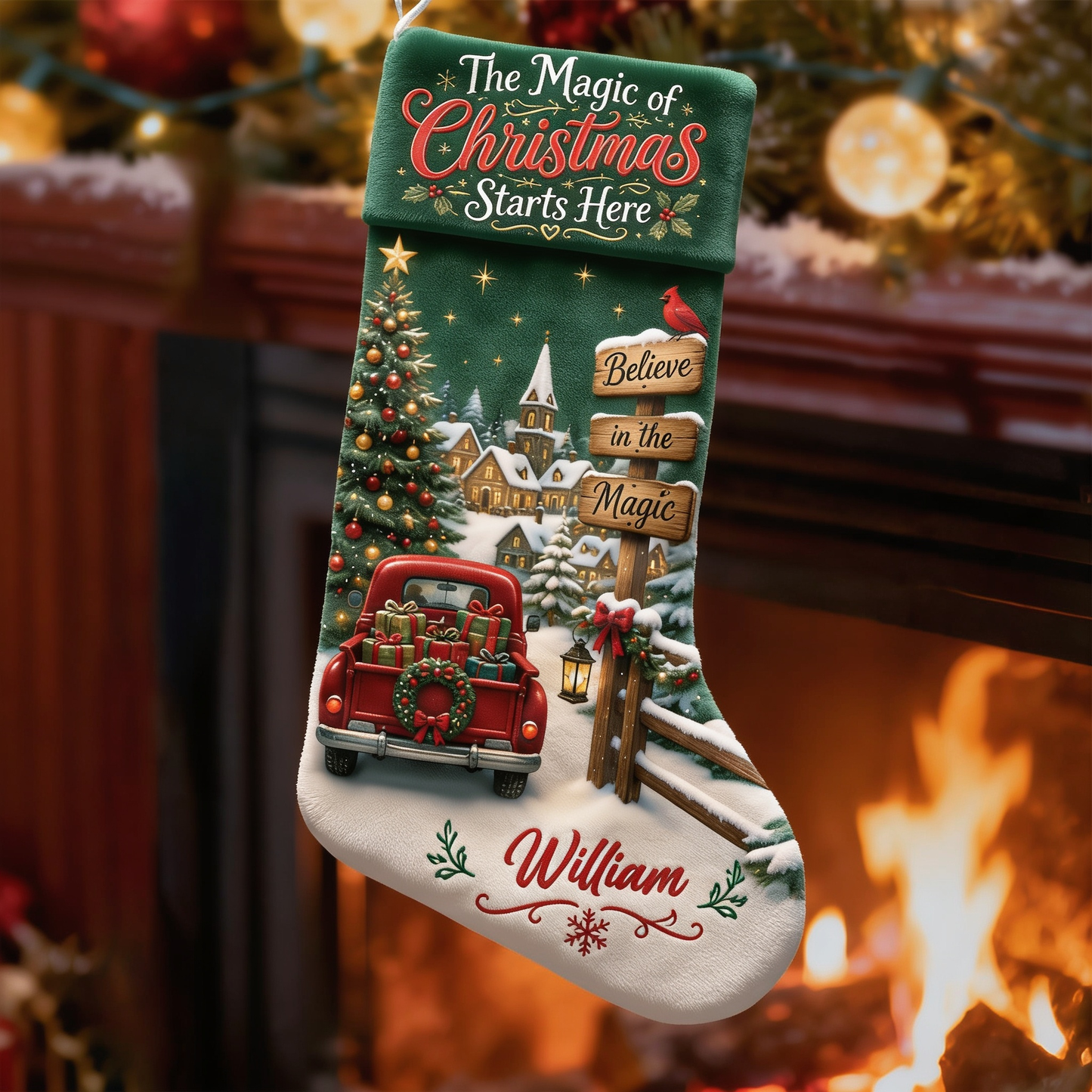 Personalized The Magic of Christmas Starts Here Christmas Stocking with Custom Name