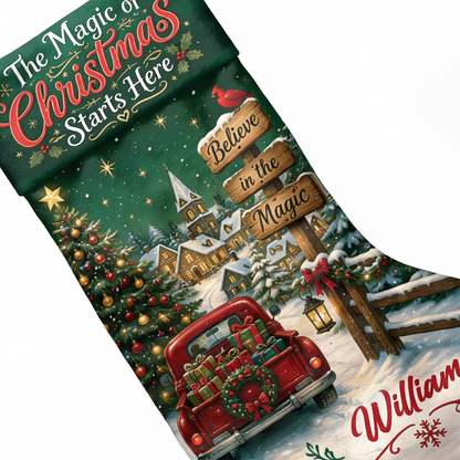 Personalized The Magic of Christmas Starts Here Christmas Stocking with Custom Name