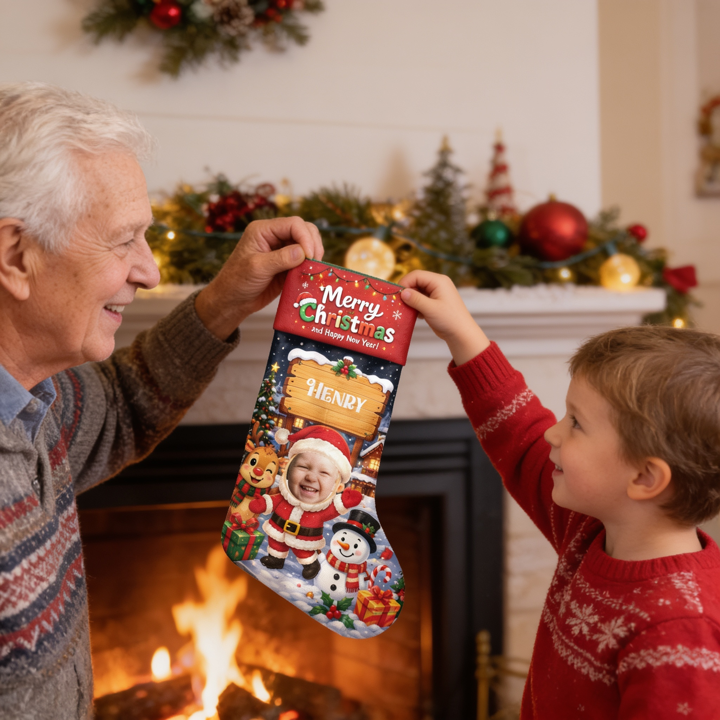 Personalized Cute Santa Claus Christmas Stocking, Custom Photo Holiday Gift