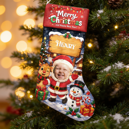 Personalized Cute Santa Claus Christmas Stocking, Custom Photo Holiday Gift