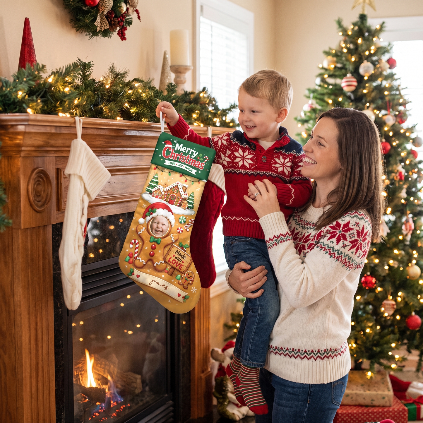 Personalized Made with Love Gingerbread Christmas Stocking with Custom Photo