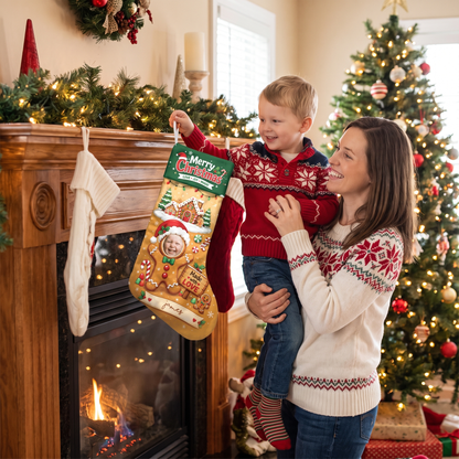 Personalized Made with Love Gingerbread Christmas Stocking with Custom Photo