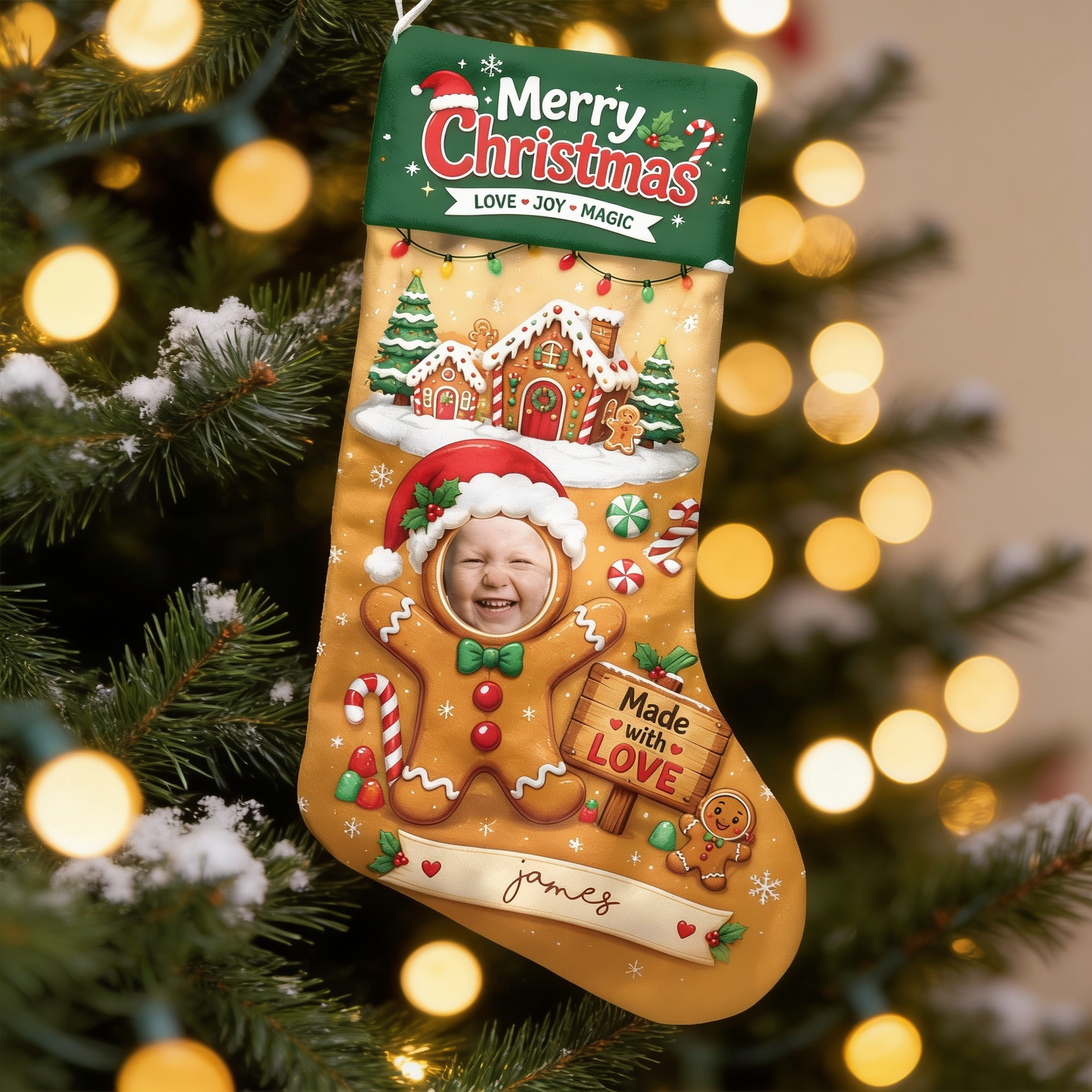 Personalized Made with Love Gingerbread Christmas Stocking with Custom Photo