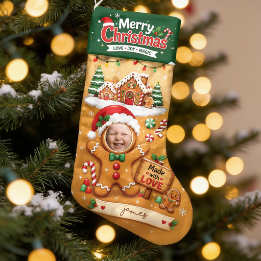 Personalized Made with Love Gingerbread Christmas Stocking with Custom Photo