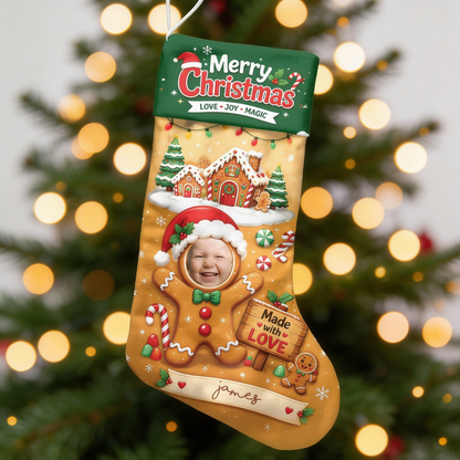 Personalized Made with Love Gingerbread Christmas Stocking with Custom Photo