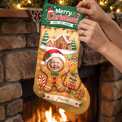 Personalized Made with Love Gingerbread Christmas Stocking with Custom Photo