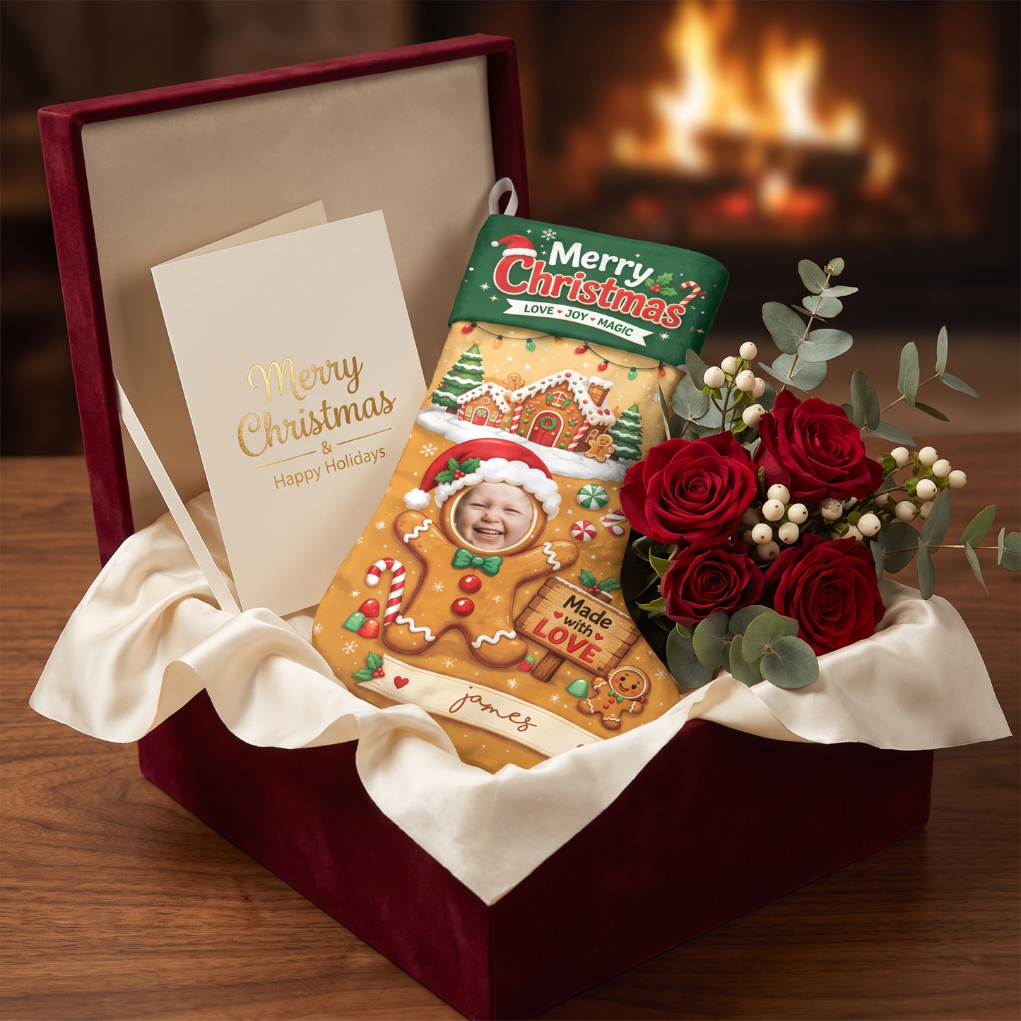 Personalized Made with Love Gingerbread Christmas Stocking with Custom Photo