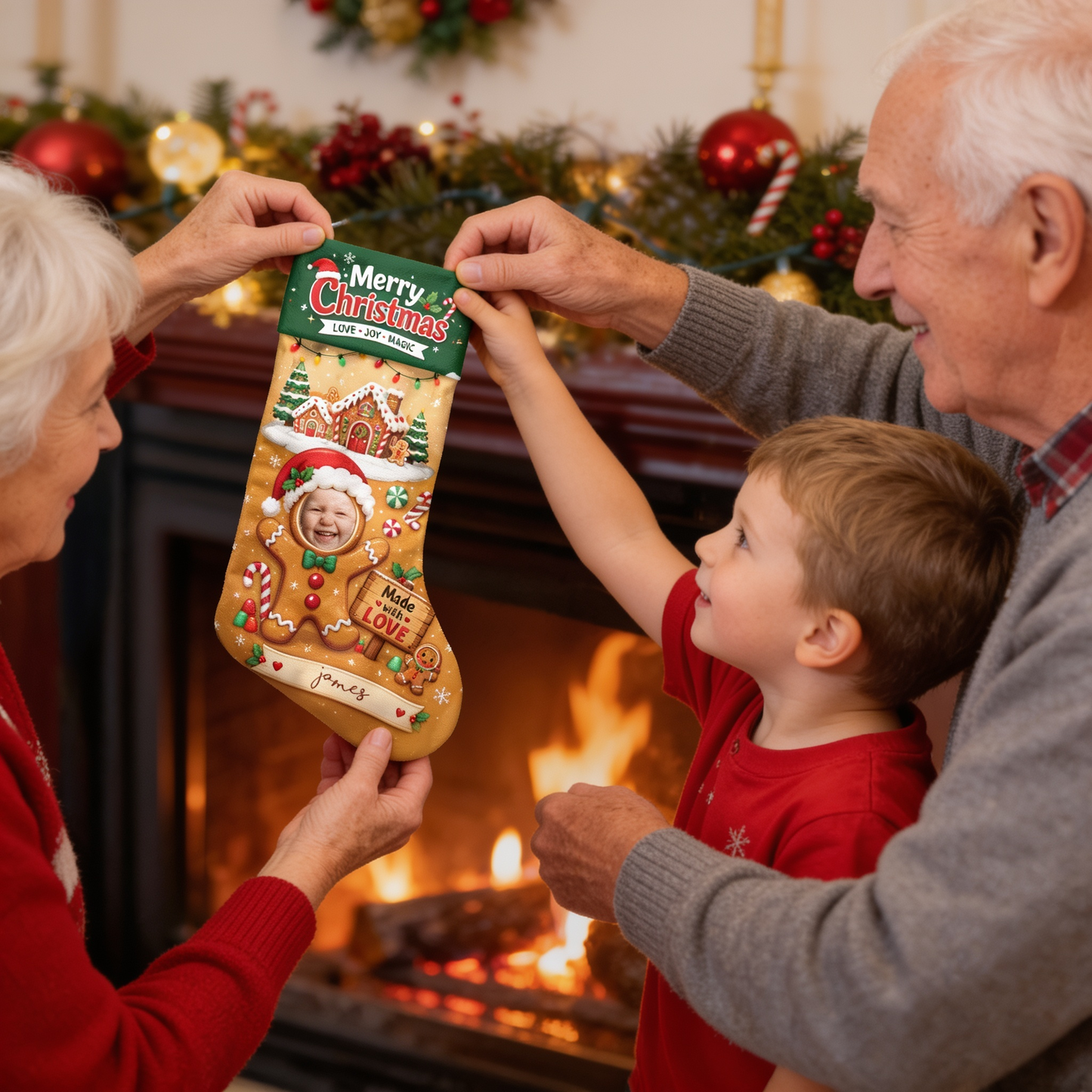 Personalized Made with Love Gingerbread Christmas Stocking with Custom Photo