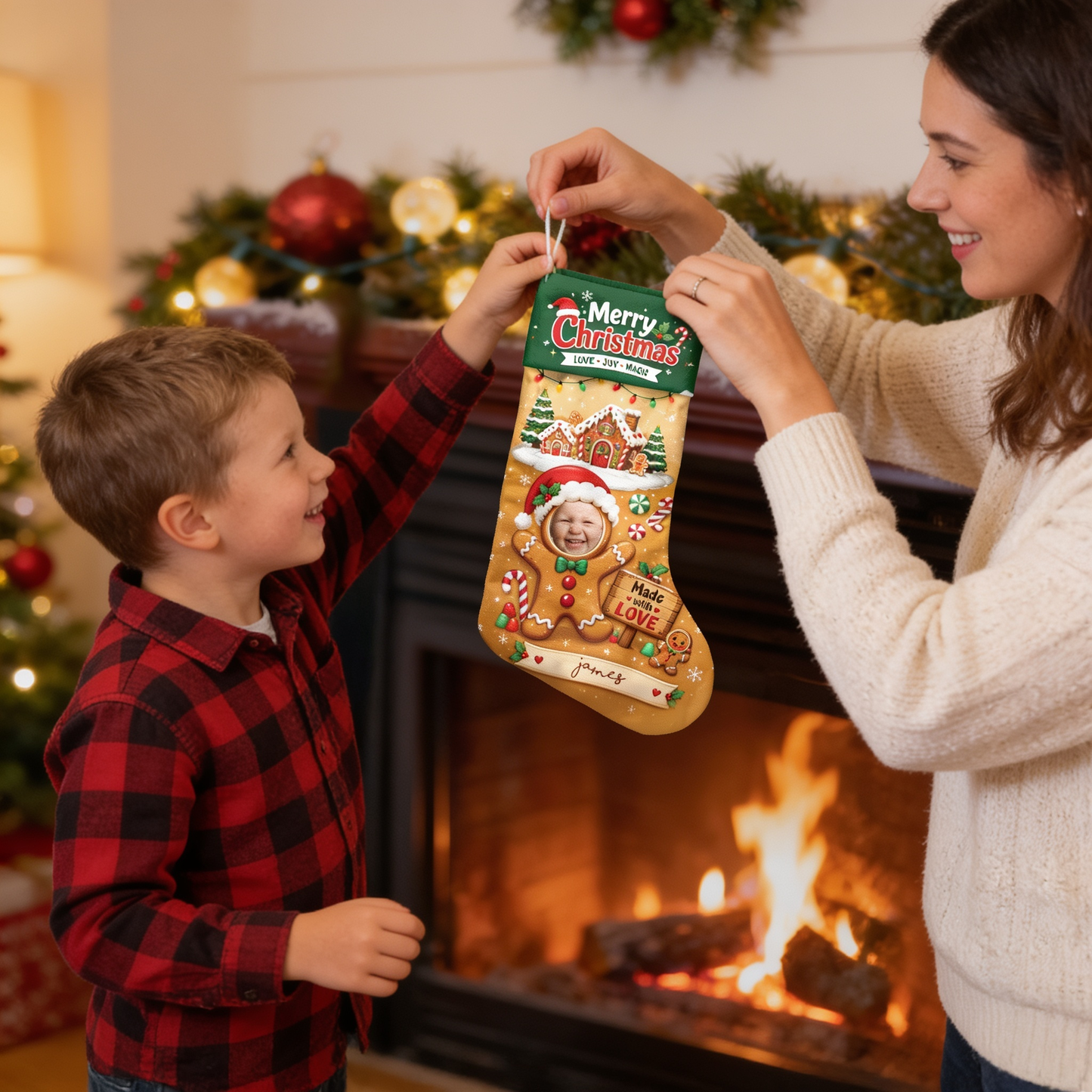 Personalized Made with Love Gingerbread Christmas Stocking with Custom Photo
