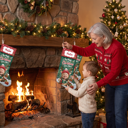 Personalized The Magic of Christmas Lives Here Christmas Stocking with Custom Name