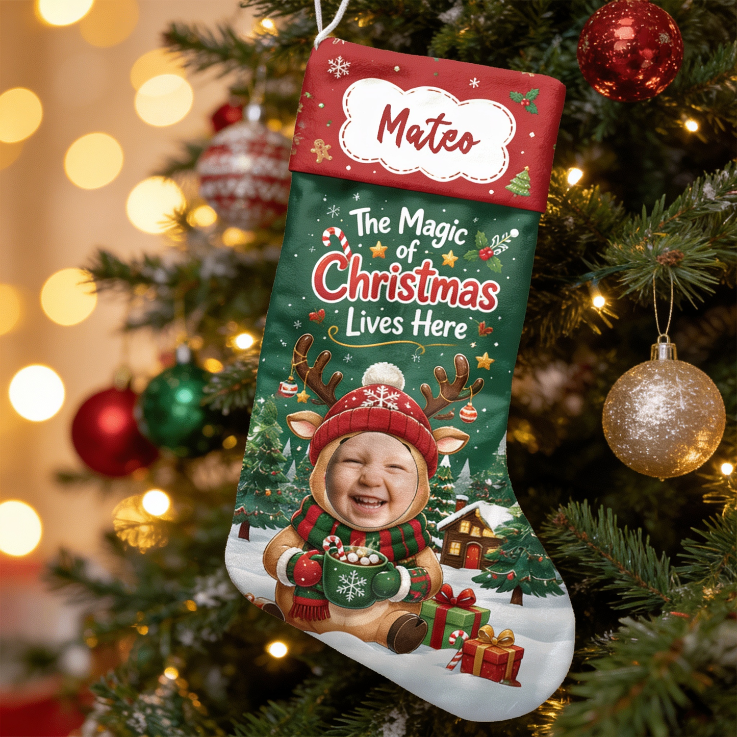 Personalized The Magic of Christmas Lives Here Christmas Stocking with Custom Name