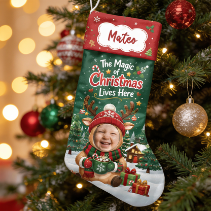 Personalized The Magic of Christmas Lives Here Christmas Stocking with Custom Name
