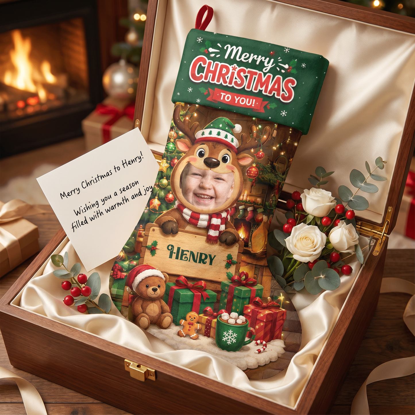 Personalized Christmas to You Reindeer Christmas Stocking, Custom Photo Holiday Gift