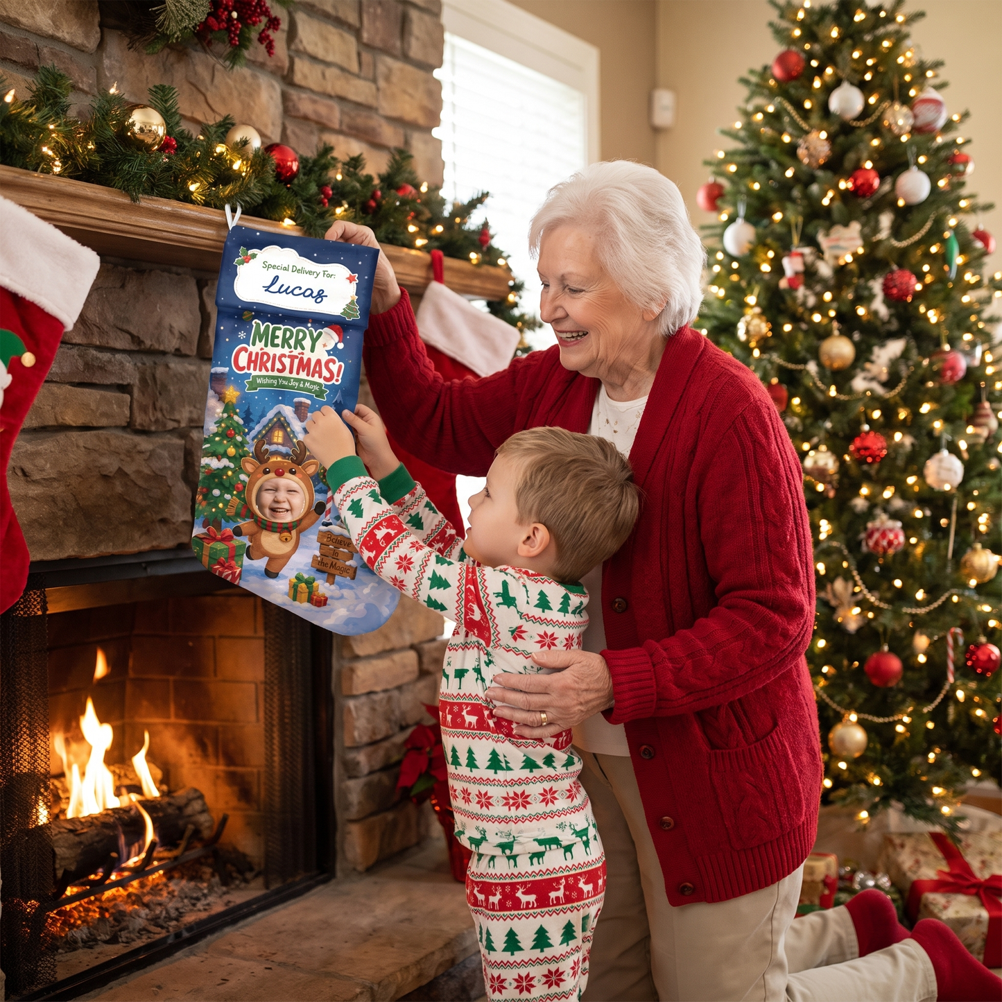 Personalized Wishing You Joy & Magic Christmas Stocking, Custom Photo Holiday Gift
