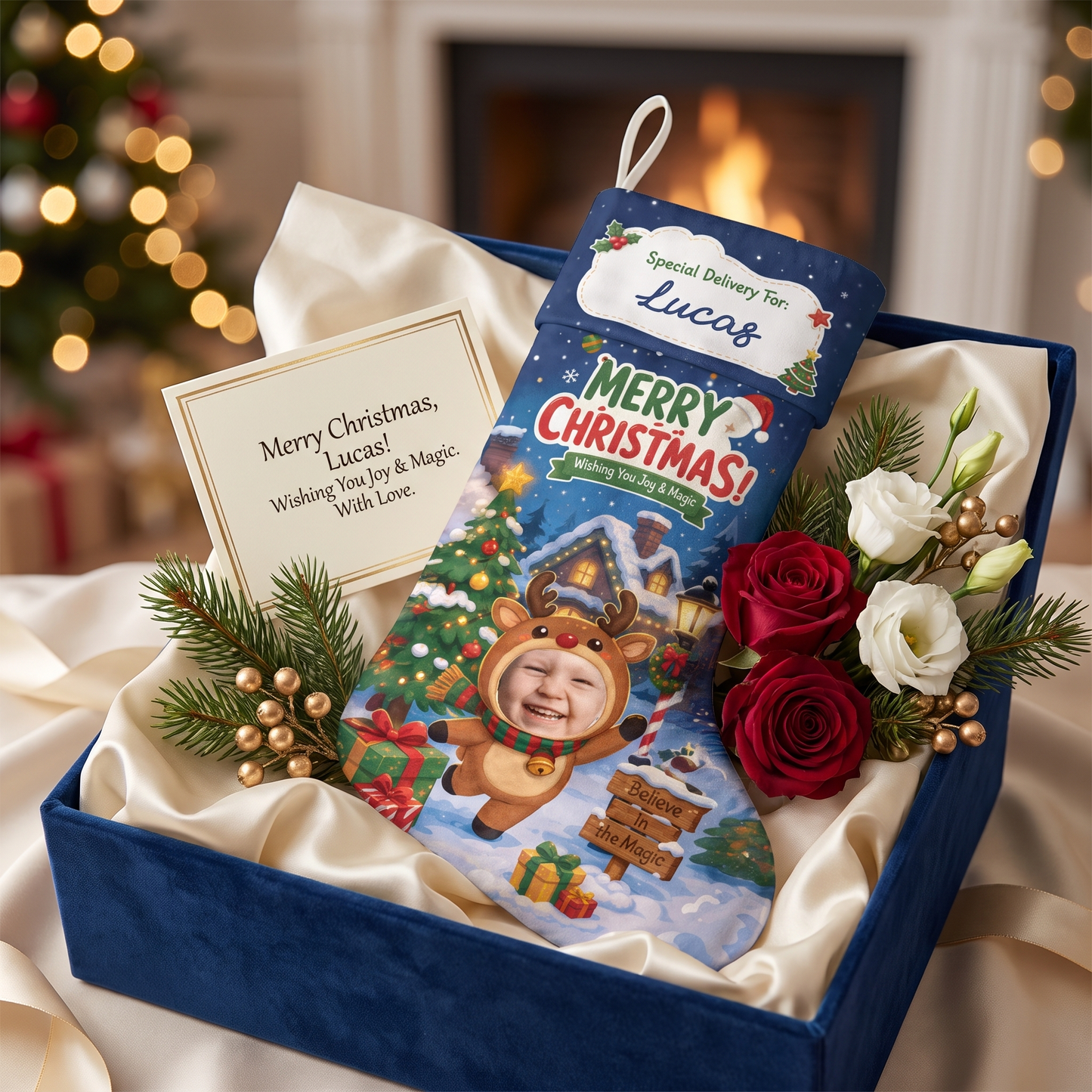 Personalized Wishing You Joy & Magic Christmas Stocking, Custom Photo Holiday Gift