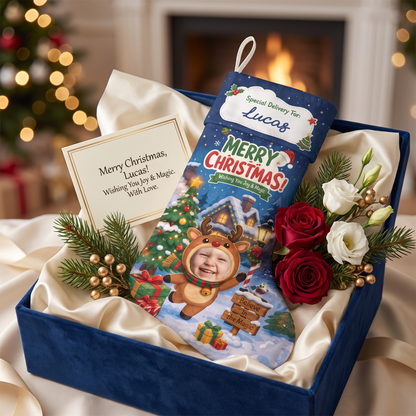 Personalized Wishing You Joy & Magic Christmas Stocking, Custom Photo Holiday Gift