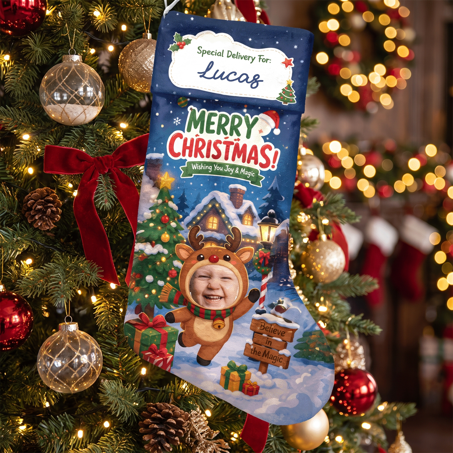 Personalized Wishing You Joy & Magic Christmas Stocking, Custom Photo Holiday Gift