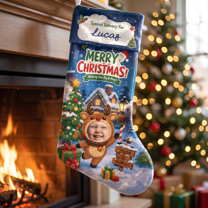 Personalized Wishing You Joy & Magic Christmas Stocking, Custom Photo Holiday Gift