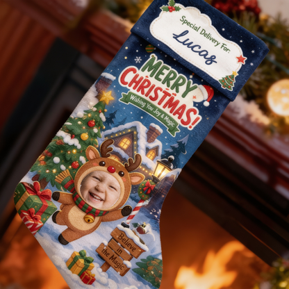 Personalized Wishing You Joy & Magic Christmas Stocking, Custom Photo Holiday Gift