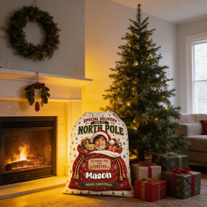 Personalized Special Delivery from the North Pole Christmas Sack, Custom Name Santa Gift Bag