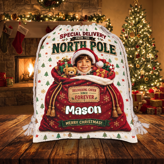 Personalized Special Delivery from the North Pole Christmas Sack, Custom Name Santa Gift Bag