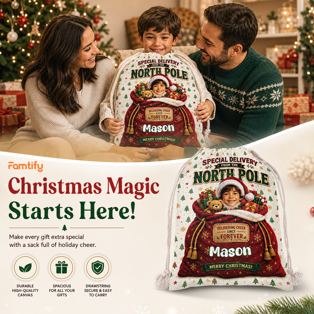 Personalized Special Delivery from the North Pole Christmas Sack, Custom Name Santa Gift Bag