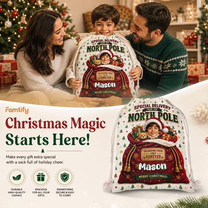 Personalized Special Delivery from the North Pole Christmas Sack, Custom Name Santa Gift Bag