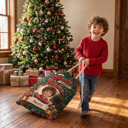 Personalized Santa Knows My Name Christmas Sack, Custom Name Santa Gift Bag